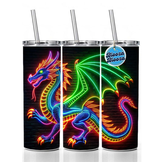Neon European Dragon Skinny Tumbler 20oz with Straw Insulated Water Bottle Gift