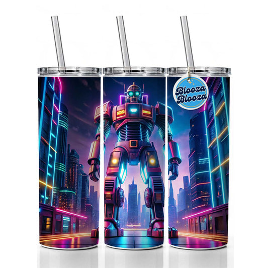 Neon Giant Sci-fi Robot Skinny Tumbler 20oz with Straw Insulated Water Bottle Gift