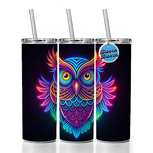 Neon Owl Skinny Tumbler 20oz with Straw Insulated Water Bottle Gift