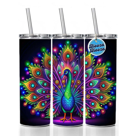 Neon Peacock Skinny Tumbler 20oz with Straw Insulated Water Bottle Gift