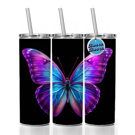 Neon Purple Blue Butterfly Skinny Tumbler 20oz with Straw Insulated Water Bottle Gift