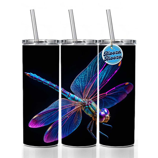 Neon Purple Blue Dragonfly Skinny Tumbler 20oz with Straw Insulated Water Bottle Gift