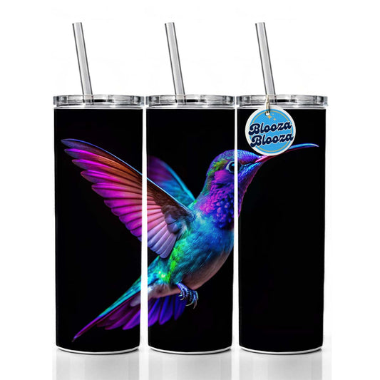 Neon Purple Blue Hummingbird Skinny Tumbler 20oz with Straw Insulated Water Bottle Gift