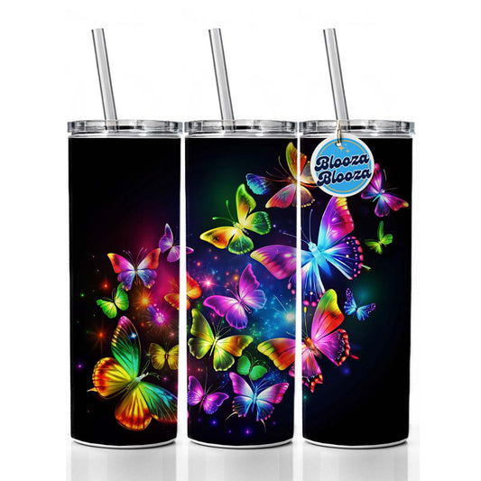 Neon Rainbow Butterflies Skinny Tumbler 20oz with Straw Insulated Water Bottle Gift