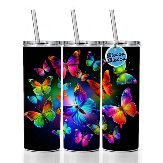 Neon Rainbow Colorful Butterflies Skinny Tumbler 20oz with Straw Insulated Water Bottle Gift