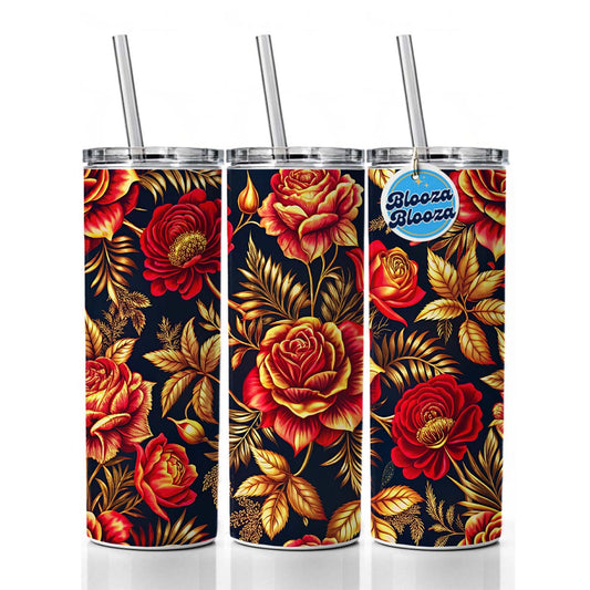 Neon Red And Gold Rose Floral Pattern Skinny Tumbler 20oz with Straw Insulated Water Bottle Gift