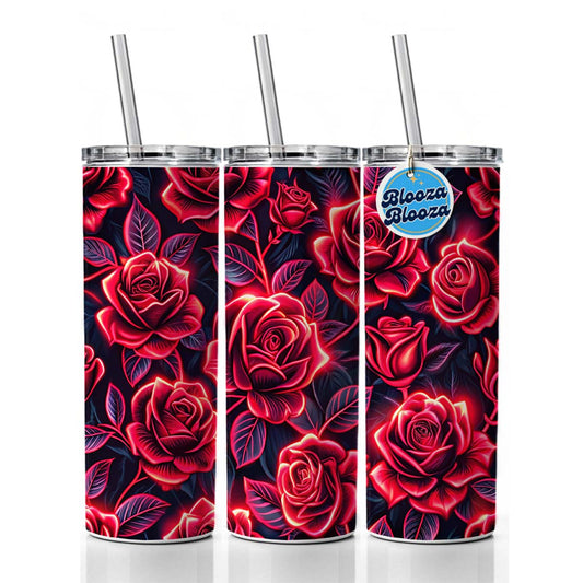 Neon Red Rose Floral Pattern Skinny Tumbler 20oz with Straw Insulated Water Bottle Gift