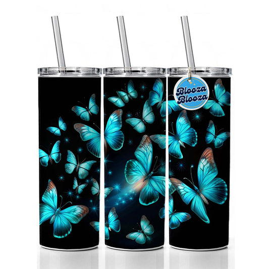 Neon Teal Blue Butterflies Skinny Tumbler 20oz with Straw Insulated Water Bottle Gift