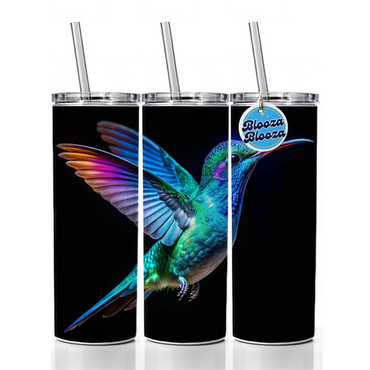 Neon Teal Blue Hummingbird Skinny Tumbler 20oz with Straw Insulated Water Bottle Gift