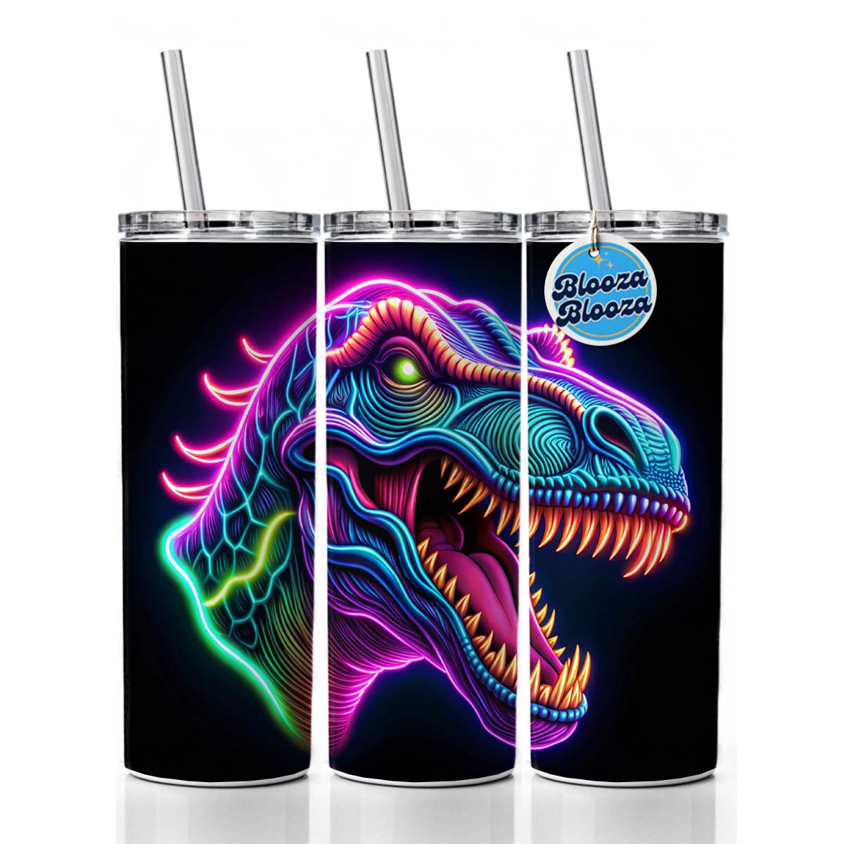 Neon T-Rex Dinosaur Head Skinny Tumbler 20oz with Straw Insulated Water Bottle Gift