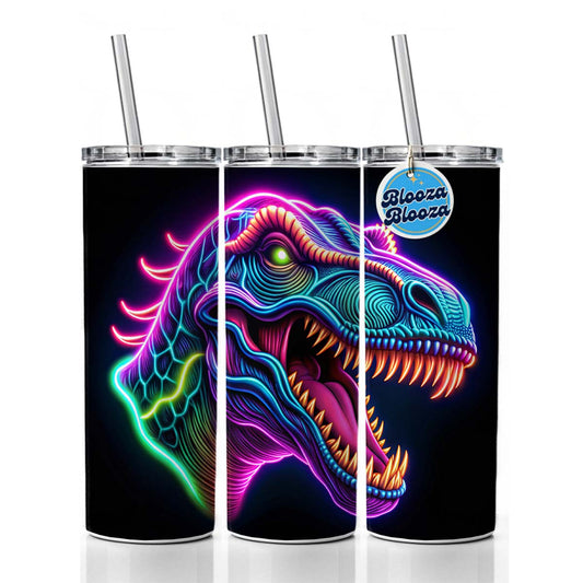 Neon T-Rex Dinosaur Head Skinny Tumbler 20oz with Straw Insulated Water Bottle Gift