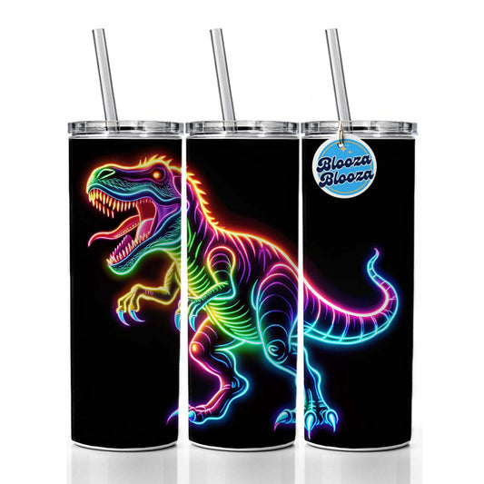 Neon T-Rex Dinosaur Skinny Tumbler 20oz with Straw Insulated Water Bottle Gift