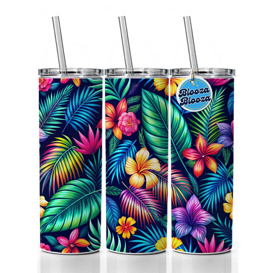 Neon Tropical Floral Pattern Skinny Tumbler 20oz with Straw Insulated Water Bottle Gift