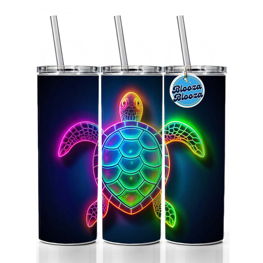 Neon Turtle Skinny Tumbler 20oz with Straw Insulated Water Bottle Gift