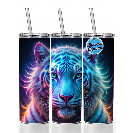 Neon White Tiger Face Skinny Tumbler 20oz with Straw Insulated Water Bottle Gift