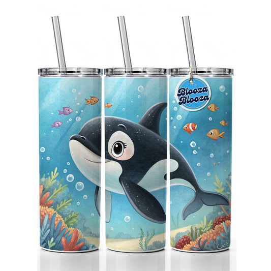 Orca Killer Whale Children's Illustration Style Skinny Tumbler 20oz with Straw Insulated Water Bottle Gift