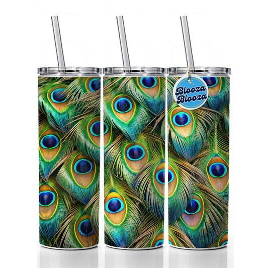 Peacock Feathers Pattern Skinny Tumbler 20oz with Straw Insulated Water Bottle Gift