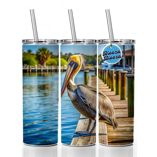 Pelican On Dock Skinny Tumbler 20oz with Straw Insulated Water Bottle Gift