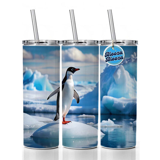 Penguin On Ice Flow Skinny Tumbler 20oz with Straw Insulated Water Bottle Gift
