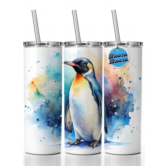 Penguin Watercolor Skinny Tumbler 20oz with Straw Insulated Water Bottle Gift
