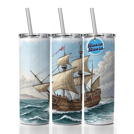 Pilgrim Mayflower 1620 Voyage Skinny Tumbler 20oz with Straw Insulated Water Bottle Gift