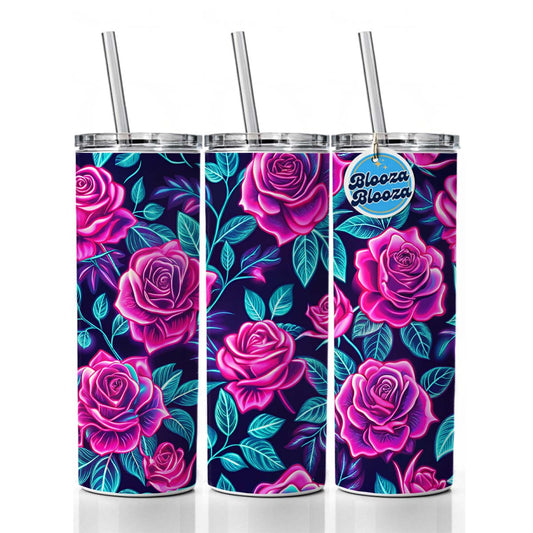 Pink Neon Rose Floral Pattern Skinny Tumbler 20oz with Straw Insulated Water Bottle Gift
