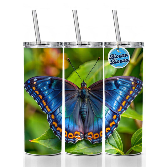 Pretty Blue Butterfly Skinny Tumbler 20oz with Straw Insulated Water Bottle Gift