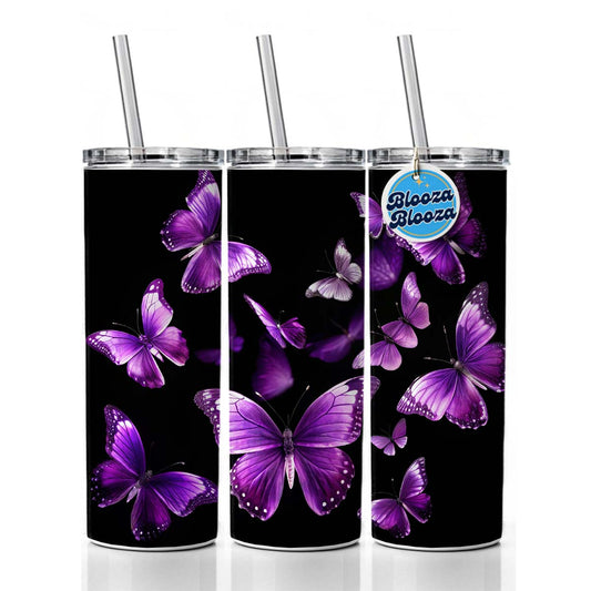 Purple Butterflies Flying Skinny Tumbler 20oz with Straw Insulated Water Bottle Gift