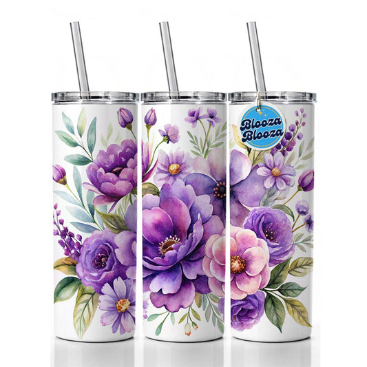 Purple Watercolor Flowers Skinny Tumbler 20oz with Straw Insulated Water Bottle Gift