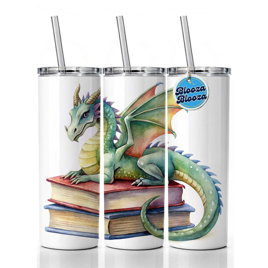 Reading Dragon Laying On Top Books Watercolor Skinny Tumbler 20oz with Straw Insulated Water Bottle Gift