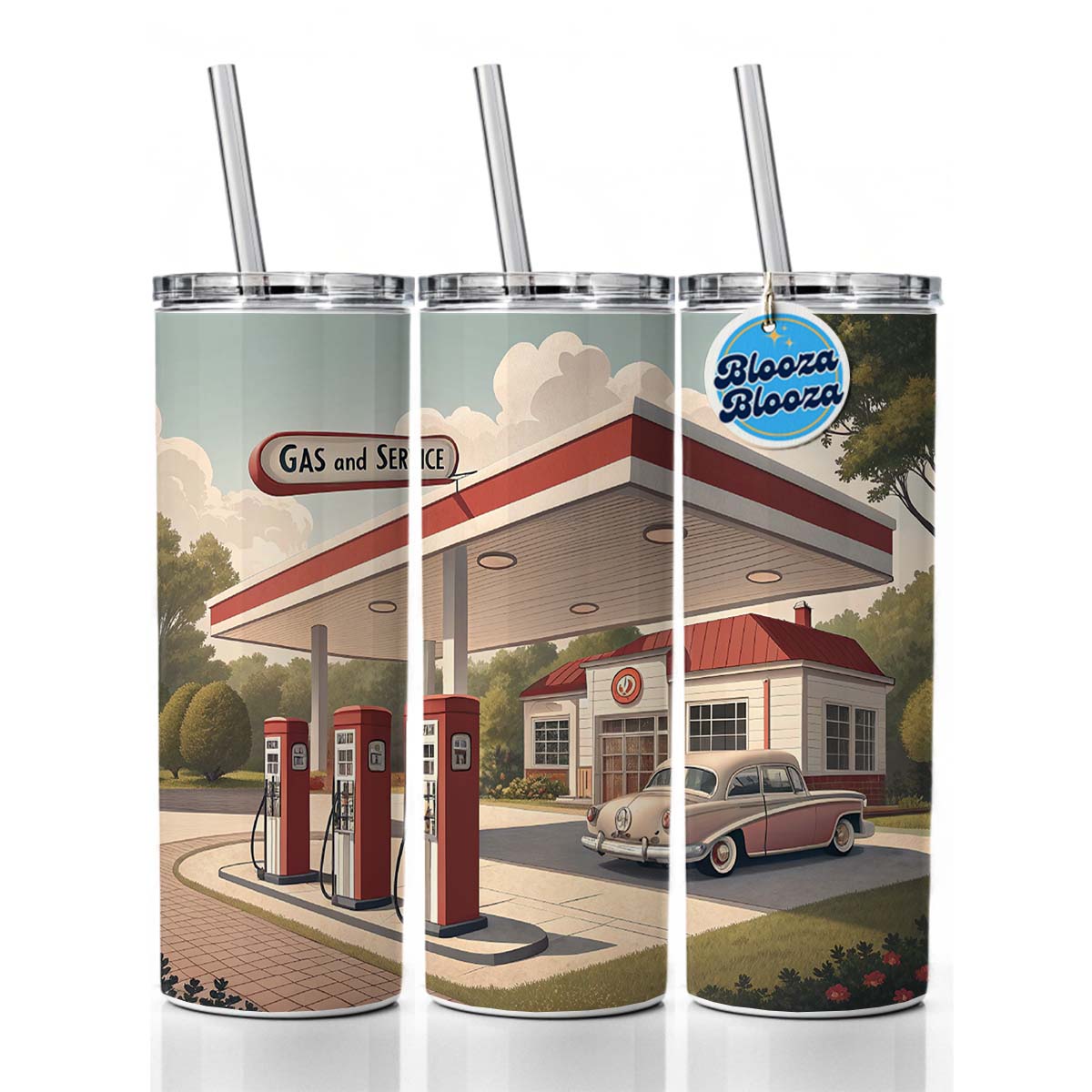 Retro Americana 1950's Gas Station Convenience Store Skinny Tumbler 20oz with Straw Insulated Water Bottle Gift