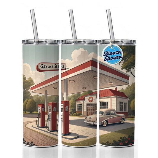 Retro Americana 1950's Gas Station Convenience Store Skinny Tumbler 20oz with Straw Insulated Water Bottle Gift