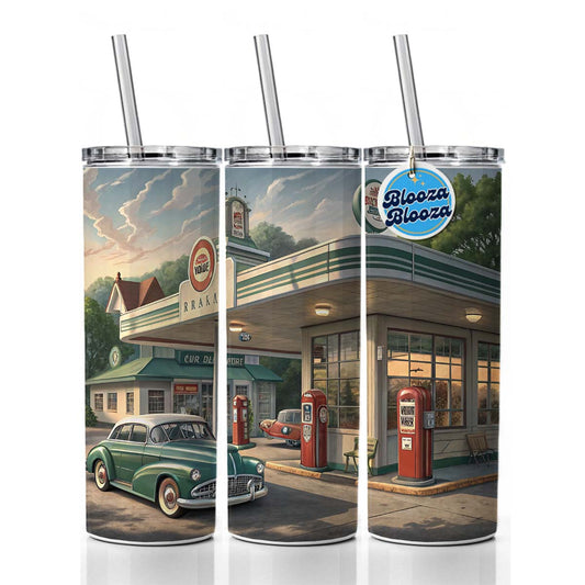Retro Americana 1950's Main Street Gas Station Skinny Tumbler 20oz with Straw Insulated Water Bottle Gift