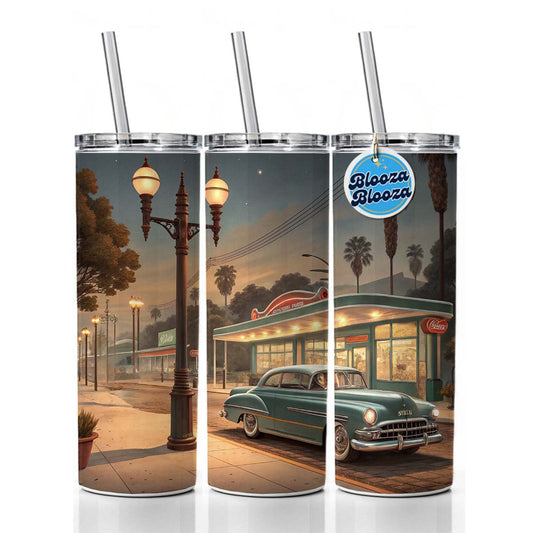 Retro Americana1950's Main Street Diner Skinny Tumbler 20oz with Straw Insulated Water Bottle Gift