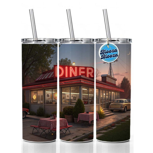 Retro Classic Roadside Dinner With Neon Sign Skinny Tumbler 20oz with Straw Insulated Water Bottle Gift