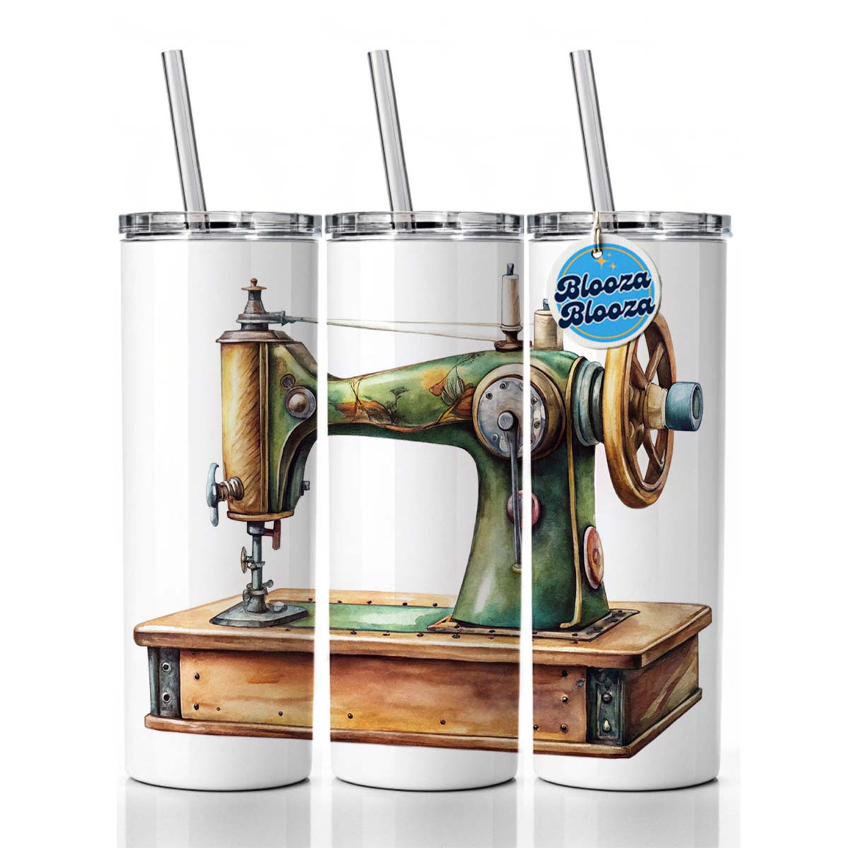 Retro Classic Sewing Machine Watercolor Skinny Tumbler 20oz with Straw Insulated Water Bottle Gift