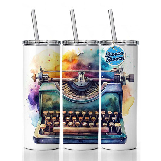 Retro Classic Typewriter Watercolor Skinny Tumbler 20oz with Straw Insulated Water Bottle Gift