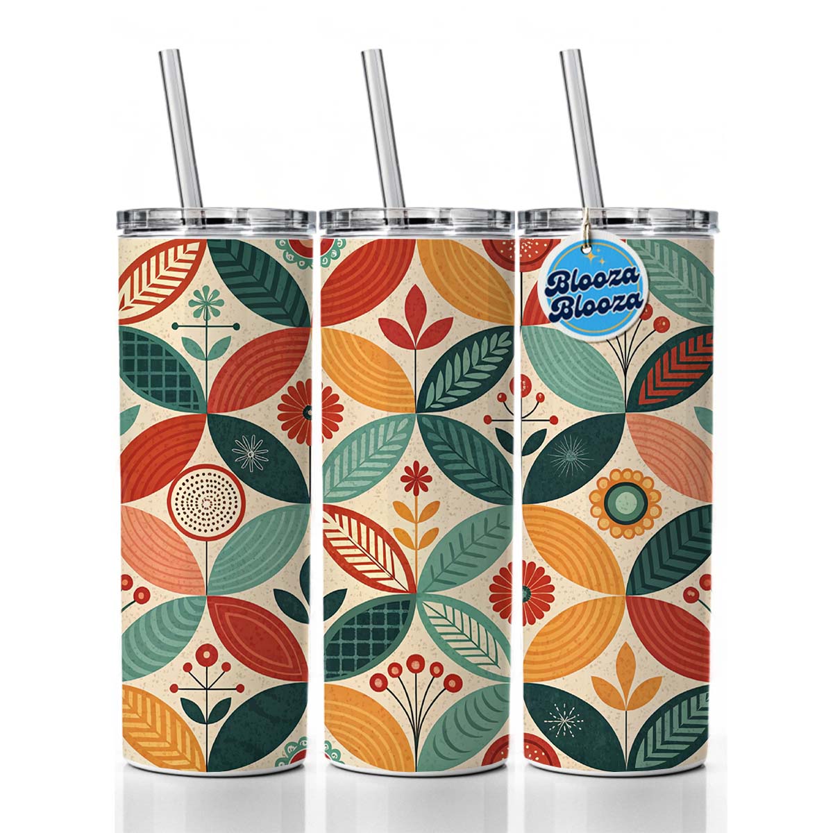 Retro Mid-Century Leaf Pattern Skinny Tumbler 20oz with Straw Insulated Water Bottle Gift