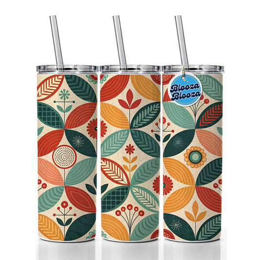 Retro Mid-Century Leaf Pattern Skinny Tumbler 20oz with Straw Insulated Water Bottle Gift