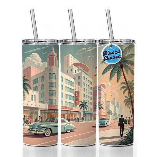 Retro Mid-Century Pastel Cityscape Skinny Tumbler 20oz with Straw Insulated Water Bottle Gift