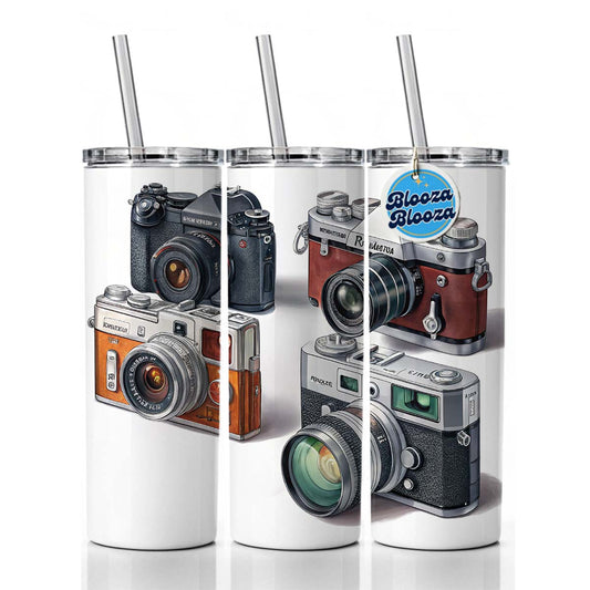 Retro Photography Cameras Skinny Tumbler 20oz with Straw Insulated Water Bottle Gift