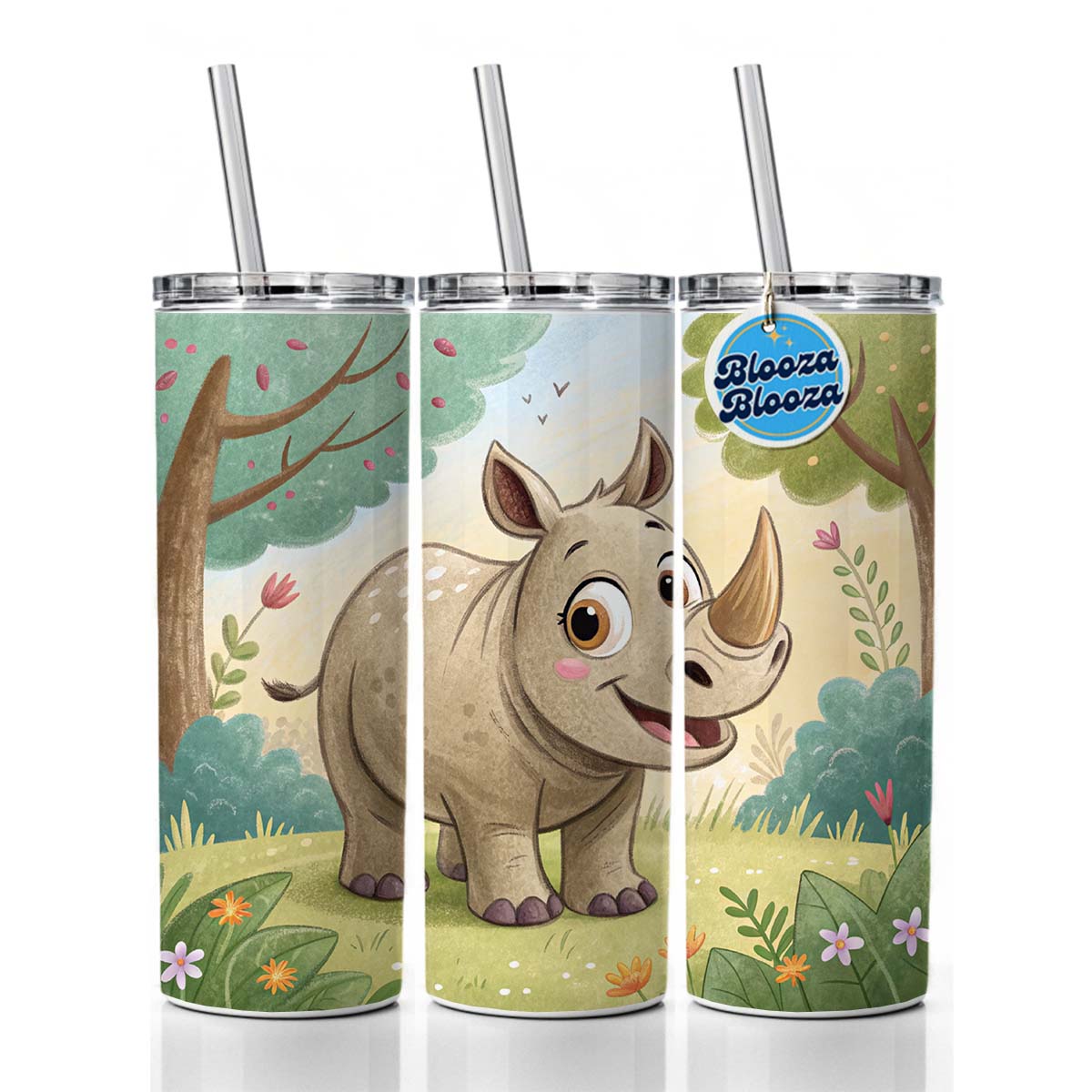 Rhinoceros Children's Illustration Style Skinny Tumbler 20oz with Straw Insulated Water Bottle Gift