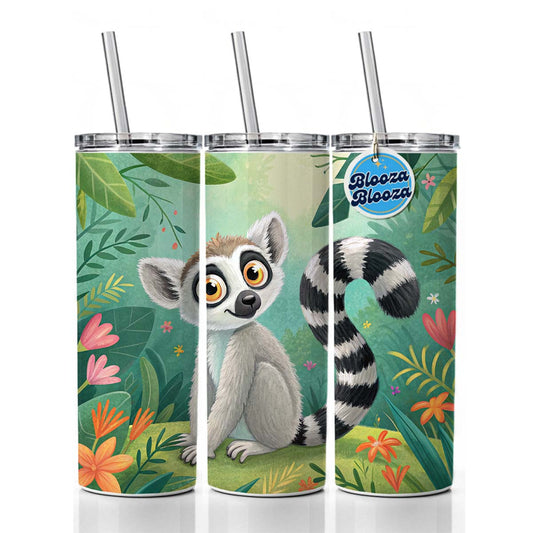 Ring-Tailed Lemur Children's Illustration Style Skinny Tumbler 20oz with Straw Insulated Water Bottle Gift