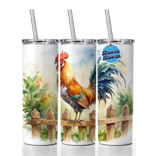 Rooster On Fence Watercolor Skinny Tumbler 20oz with Straw Insulated Water Bottle Gift