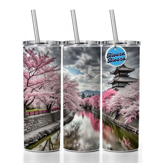 Sakura Trees Along River Japanese Scene Skinny Tumbler 20oz with Straw Insulated Water Bottle Gift