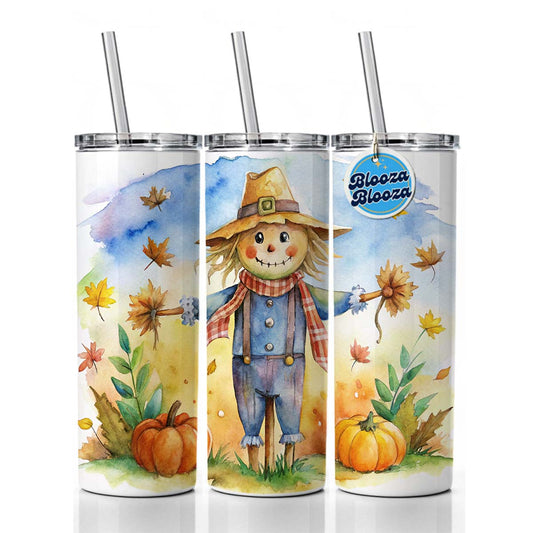 Scarecrow and Pumpkins Fall Watercolor Skinny Tumbler 20oz with Straw Insulated Water Bottle Gift