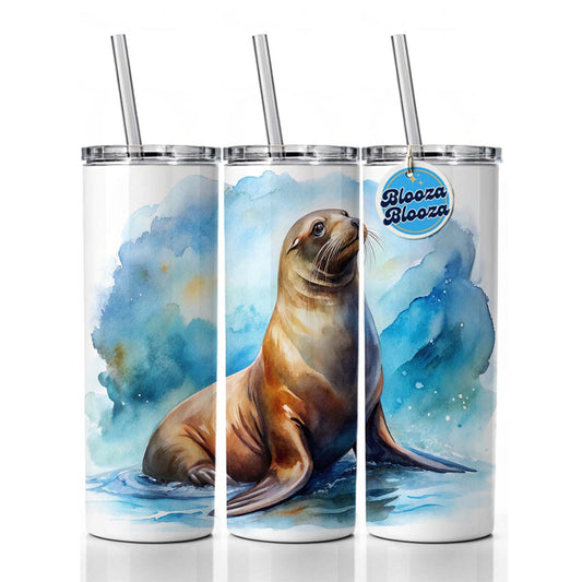 Sea Lion Watercolor Skinny Tumbler 20oz with Straw Insulated Water Bottle Gift