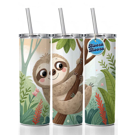Sloth on Tree Children's Illustration Style Skinny Tumbler 20oz with Straw Insulated Water Bottle Gift