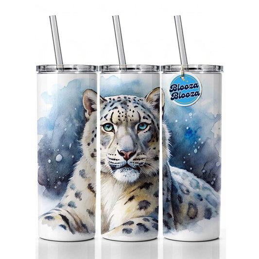 Snow Leopard Watercolor Skinny Tumbler 20oz with Straw Insulated Water Bottle Gift