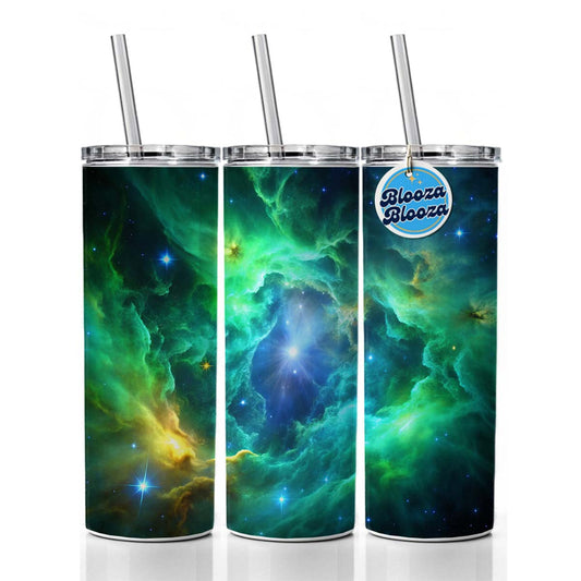 Space Galaxy Nebula Green Blue Skinny Tumbler 20oz with Straw Insulated Water Bottle Gift